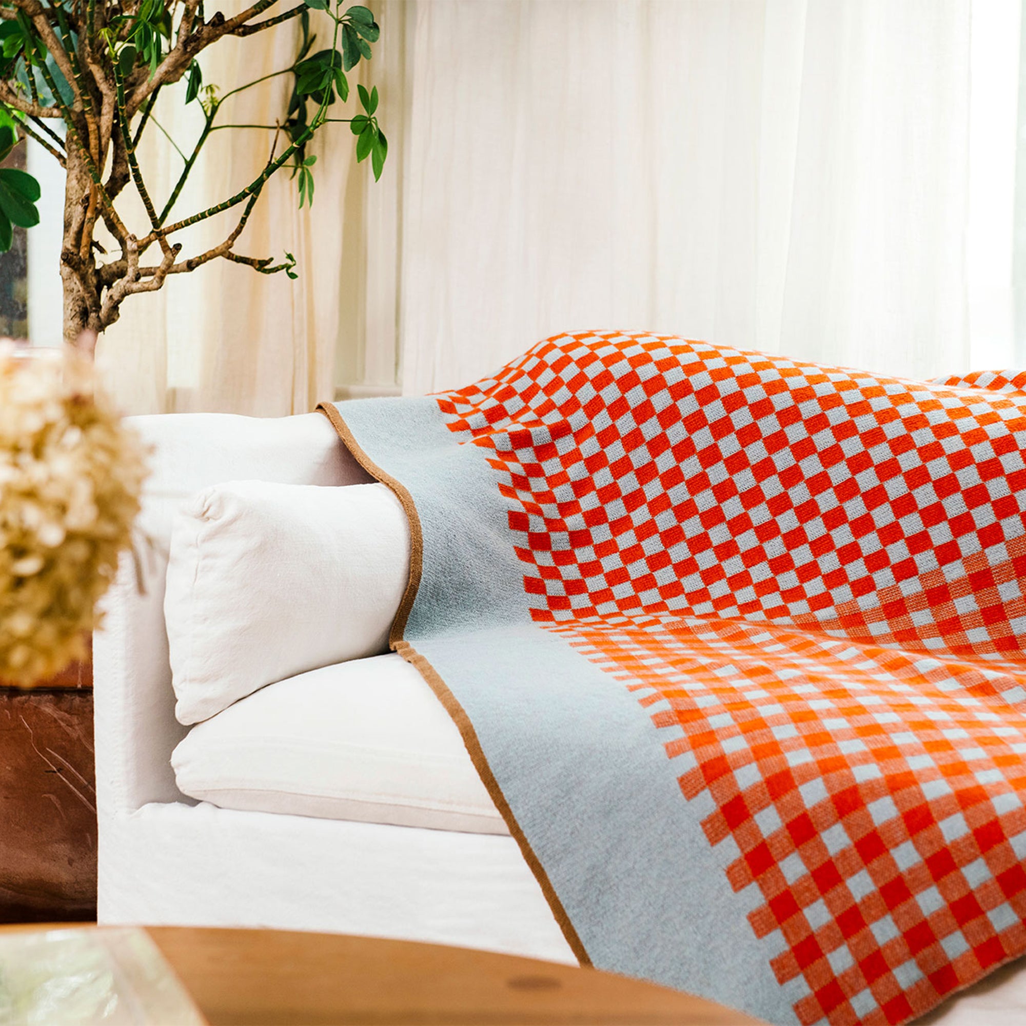 Paris West x A Decker Design — Checker-Gingham Throw in Cloud / Tangelo